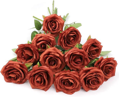 Artificial Rose Flowers Burnt Orange Rose Flowers Silk Flowers 12 pcs with Long Stem Silk Roses Bouquet for Wedding Bridal Shower Party Home Decoration