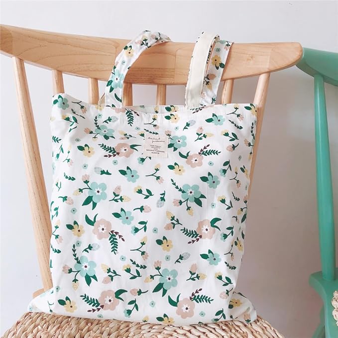 Cotton Canvas Tote Bag Reusable Soft Grocery Cloth Bag Floral Shoulder Bag for Beach Travel Shopping