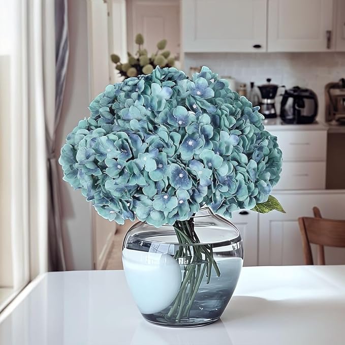 2Bouquets Artificial Fake Flowers Plants Silk Hydrangea Arrangements Wedding Bouquets Decorations Plastic Floral Home Kitchen Garden Party Festival Bar DIY (Acid Blue,5Flower Heads)