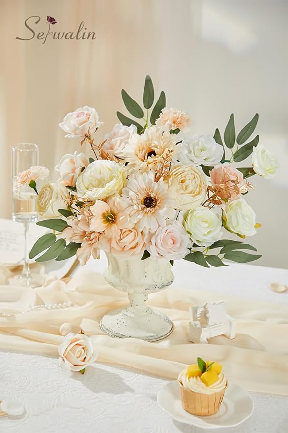 Serwalin Artificial Champagne Flowers, Silk Fake Flowers for DIY Wedding Bouquets Cake Flower, Table Centerpieces Baby Shower Birthday Party Home Decorations