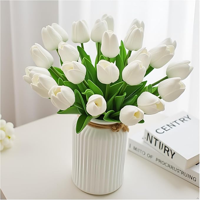 18pcs Artificial Tulips 13" PU Artificial Flowers for Family Friends Gifts DIY Flower Arrangement Home Kitchen Office Party Wedding Dining Table Decoration, White