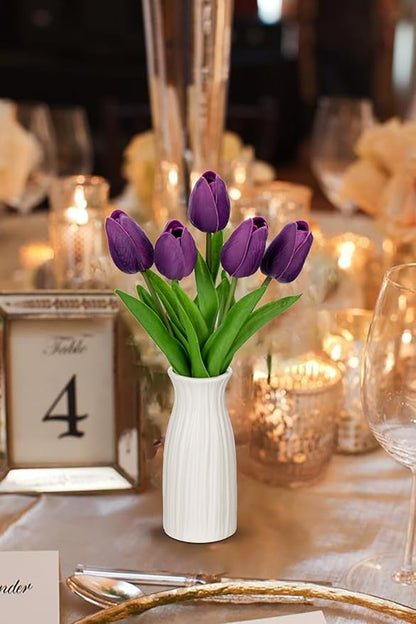 Briful 2 Packs Faux Flowers Artificial Tulips with Ceramic Vase, Poly Foam Purple Tulips Real Touch Flower Arrangement for Home Kitchen Wedding Centerpiece Decoration