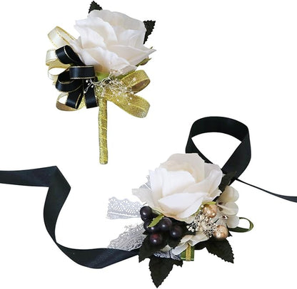 Aimto Ivory Rose and Black Wrist Corsage and Boutonniere Set for Wedding Flower Accessories Prom Suits