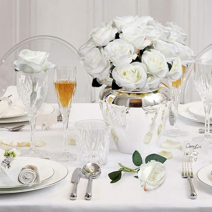 Mocoosy 12 PCS White Rose Artificial Flowers, Fake Roses with Long Stem Realistic Silk Rose Bouquets Wedding Centerpiece Decorations Faux Floral Arrangement Bridal Shower Party Home Office Table Decor