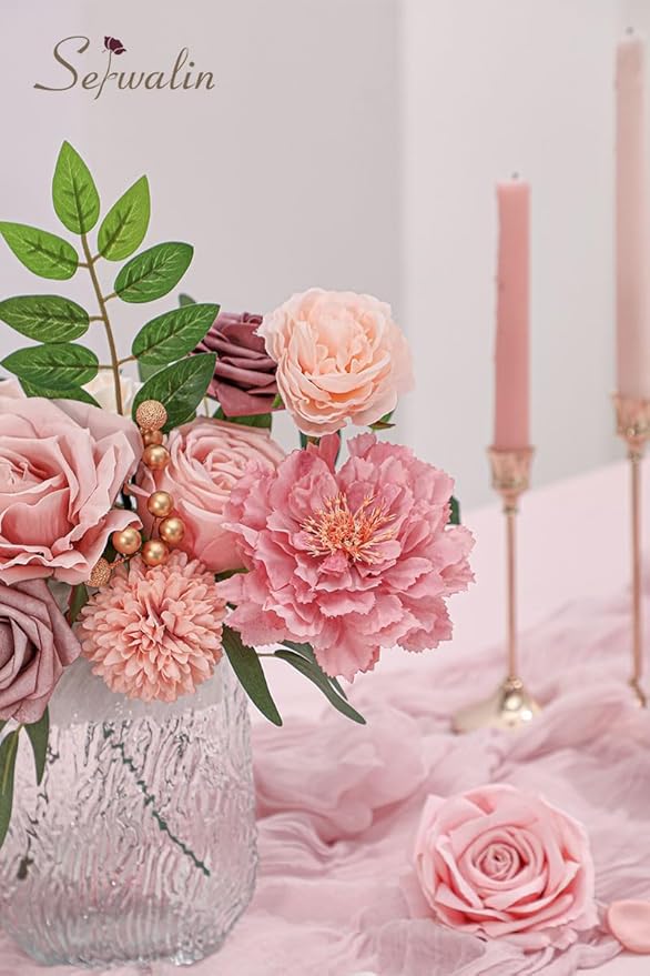 Serwalin Artificial Pink Flowers Fake Flowers Cake Flowers Silk Flowers Wedding Spring Rose for Decoration DIY Craft Combo Centerpieces Bridal Bouquet Home Decor