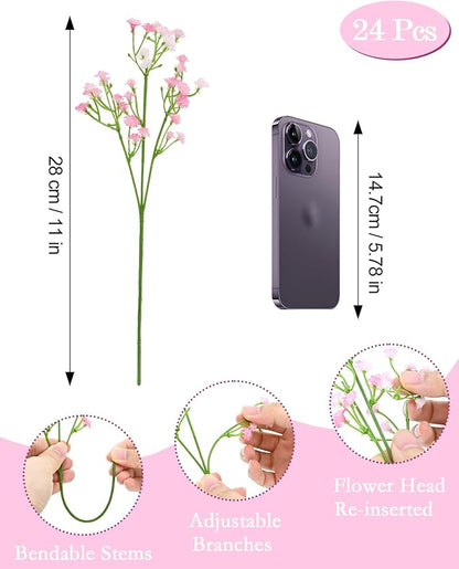 48Pcs Babys Breath Artificial Flowers, Fake Baby Breath Flowers Artificial Bulk Faux Gypsophila Real Touch Flowers for Wedding DIY Bouquet Floral Arrangement Party Home Garden Decoration, Pink