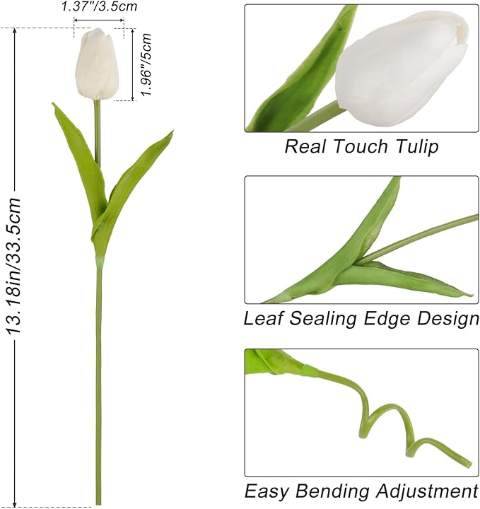 Tulips Artificial Flowers 20 Pcs White Fake Tulip Stems Real Touch PU Tulips for Easter Spring Wedding Bouquet Home Centerpiece Floral Arrangement Table Décor