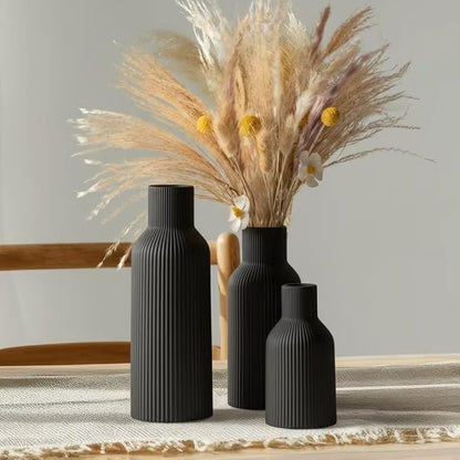 Black Ceramic Vases Set of 3, Black Ribbed Decorative Vases - Table Centerpieces for Wedding, Living Room, Office & Shelf Decor