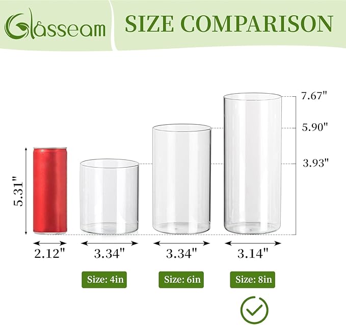 Glasseam Glass Cylinder Vases for Centerpieces, Clear Flower Vase Set of 12, Modern Floating Candle Vases Decor, Decorative Hurricane Pillar Candle Holders for Wedding Dining Table Decorations, 8in