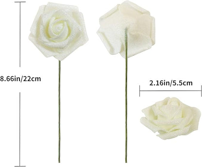 30 pcs Glitter Roses Ivory Artificial Foam Rose Artificial Glitter Flowers with Stem, Foam Glitter Rose for Wedding Party Office Baby Shower Home Decoration(Ivory