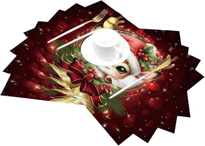 PVC Placemats Set of 4 Wipeable Table Mats Washable Heat Resistant Non Slip Vinyl Dining Table Mat for Kitchen Indoor Outdoor Patio Farmhouse Place Mats Red Christmas Bell Deer Decorative