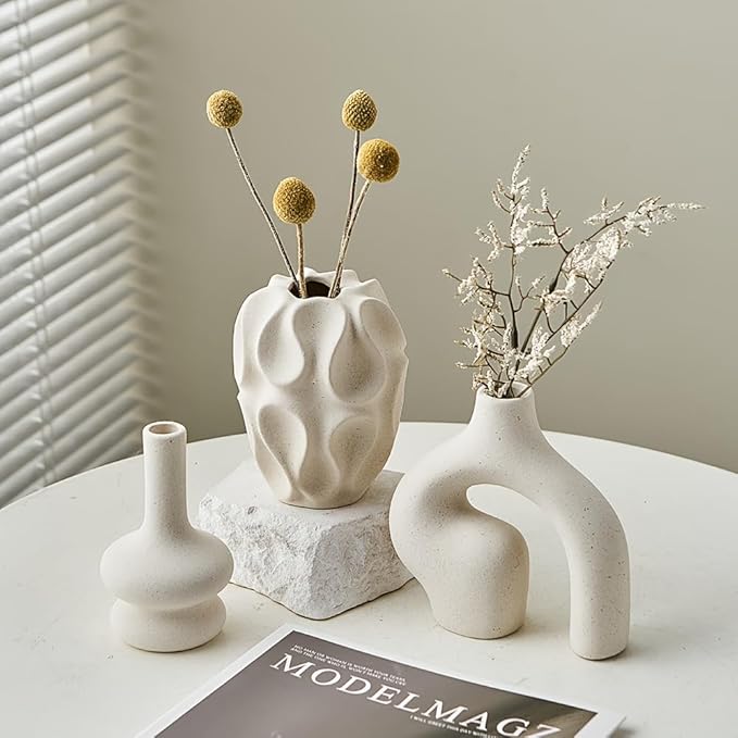 Boho Vase 3PCs | Modern Minimalist Donut Vase & Geometric Shapes | 3D Printed Imitates Ceramic Appearance | for Living Room Entryway Coffee Table Home Decor or Gift | Cream White