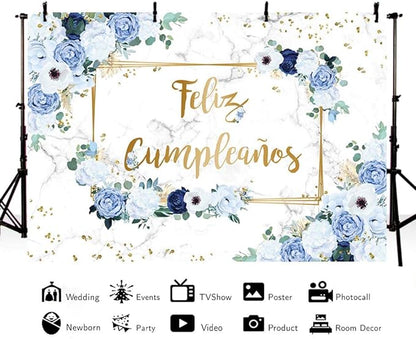 MEHOFOND 8x6ft Feliz cumpleaños Backdrop Blue and White Flowers Birthday Photography Background Girls Geometric Gold Glitter Dots Birthday Floral Party Decorations Cake Smash Decor Studio Photo Props