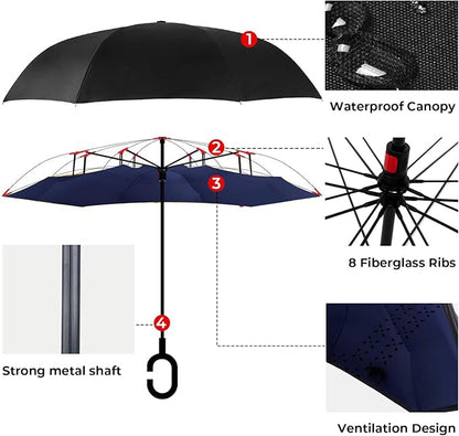 Inverted Umbrella, 49 Inch Double-Layer Vented Reverse Umbrella, Windproof Waterproof UV Protection, Lightweight C-Handle, Fiberglass Ribs, Steel Shaft, Travel/Commute/Car Use, With Sleeve