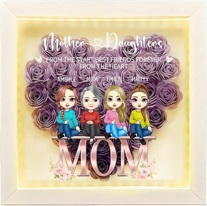 Personalized Mom Flower Shadow Box with LED Light Custom Heart Shaped Rose Flower Shadow Box Frame From The Start Best Friends Forever From The Heart Mother's Day Portrait Shadowbox Memory Gifts