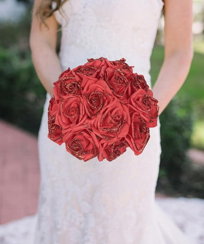 100pcs Red Glitter Roses 2.56" Artificial Red Roses Foam Glitter Flowers Fake Red Roses Faux Flowers for Bridal Shower Centerpieces DIY Wedding Flower Floral Arrangements (Red)