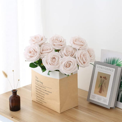 Artificial Rose 10pcs Open Flower Bouquet Faux Rose Stems for Wedding Arrangement, Bridal Bouquet, Centerpiece, Fake Faux Silk Flowers (Nude)