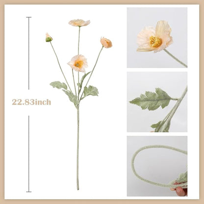 8PCS Champagne Artificial Poppy Flowers 22.8" Fake Silk Poppies Flowers with Stems for Wedding Party Table Centerpiece Home Decor(Champagne)