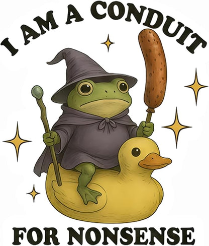 HANDICHI Design 5-Pack 4 Inch Funny Frog Stickers – “I Am a Conduit for Nonsense” Wizard Frog Vinyl Decals – Quirky Meme Sticker Pack for Laptops, Water Bottles, Journals and Scrapbooks