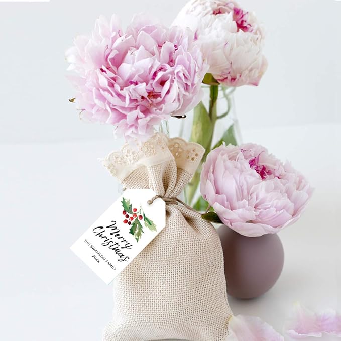 Andaz Press Personalized Christmas Holiday Season Classic Gift Tags, Merry Christmas Custom Family Name and Year, Watercolor Holly Branch Design, for Holiday Events, Parties, and Favors, 60-Pack