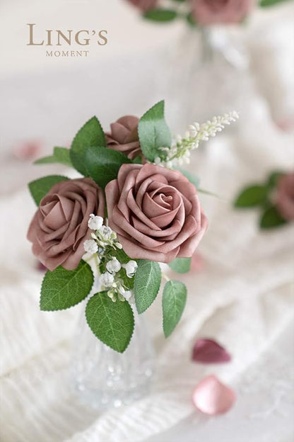 Ling's moment Artificial Flowers 50Pcs Dusty Rose Roses Decor w/Stems,3" Real Touch DIY Foam Floral for Wedding Bouquet/Centerpieces, Outdoors Party Backdrop, Room/Table, and Garden/Pot Decorations