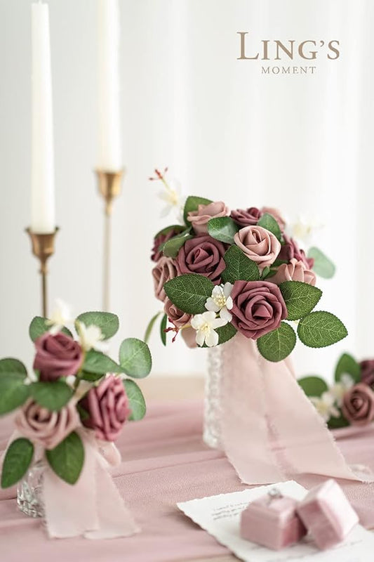 Ling's moment Artificial Wedding Flowers 1.5" Rose Buds and 2" Petite Roses 25pcs Dusty Rose & Mauve w/Stem for DIY Wedding Boutonniere Wrist Corsages Bouquets Centerpieces Arrangements