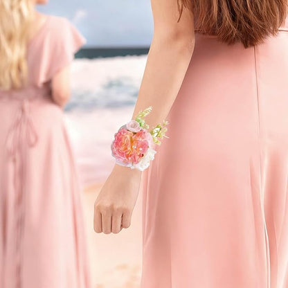 Carnation Wrist Corsage, Pack of 2 PCS Wedding Bridal Wrist Flower Corsage Hand Flower Artificial Silk Rose Decor for Prom Party Wedding (Pink & White, 2pcs)