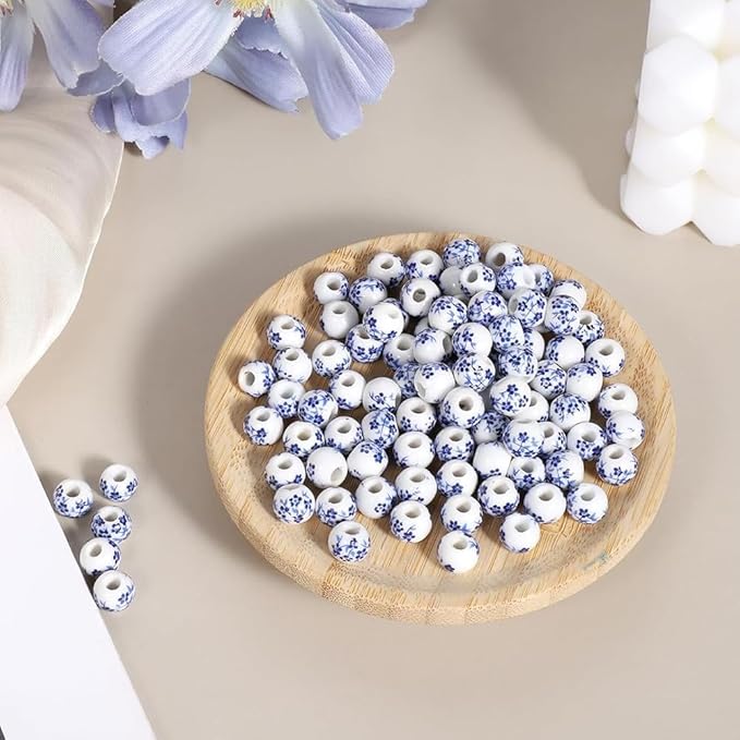 120PCS Ceramic Beads 10mm Round Porcelain Blue Floral Print Handmade Spacer Beads Craft Kit for Jewelry Making DIY Bracelets Necklaces