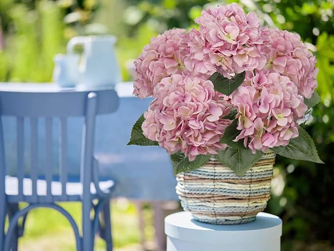 Hollyone Pink Hydrangea Artificial Flowers Large Artificial Hydrangeas Silk Flowers for Home Decor Indoor Wedding Flowers Bouquets Faux Flowers Kitchen Centerpiece Table Decorations