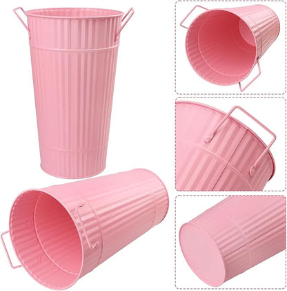 4 PCS 12 Inch Pink Galvanized Flower Buckets, Metal Flower Vase, Rustic Tall Flower Bucket with Handles for Wedding, Home Décor