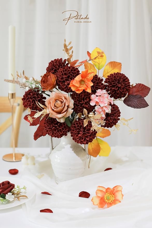 Artificial Wedding Dahlia Flowers 25 pcs Fake Roses w/Stem for DIY Wedding Decor Centerpieces Arrangements Bouquets (Burgundy)