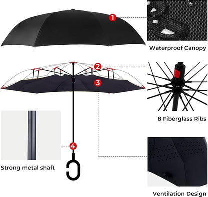 Inverted Umbrella, 49 Inch Double-Layer Vented Reverse Umbrella, Windproof Waterproof UV Protection, Lightweight C-Handle, Fiberglass Ribs, Steel Shaft, Travel/Commute/Car Use, With Sleeve