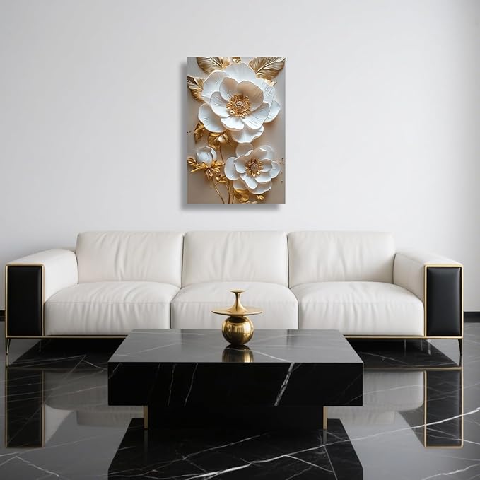 ZSHARTSWD Abstract White & Gold Floral Canvas Wall Art Elegant Flowers Pictures Prints White Flower Golden Leaves Painting Living Room Bathroom Decor Framed (Gold, 18L x 12W)