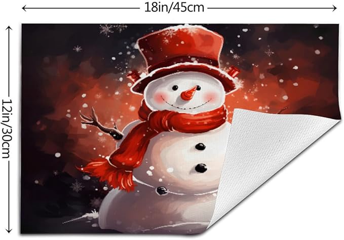 PVC Placemats Set of 4 Wipeable Table Mats Washable Heat Resistant Non Slip Vinyl Dining Table Mat for Kitchen Indoor Outdoor Patio Farmhouse Place Mats Christmas Snowman Red Decorative