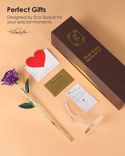 24K Gold Dipped Real Rose – Handcrafted, One of a Kind Gift – Timeless Romantic Present for Birthday, Valentine’s, Mother’s Day, Anniversary (Purple)
