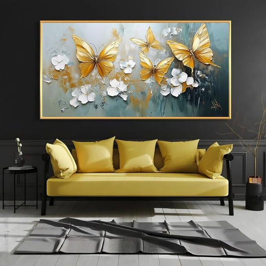 Butterfly Canvas Wall Art, Butterfly and Flower Wall Decor, Butterfly Prints, Abstract Textured Canvas Wall Art, Artwork for Walls, Oil Painting Wall Art, Wall Decor Living Room (Gold Frame, *55"x27"|140x70cm)