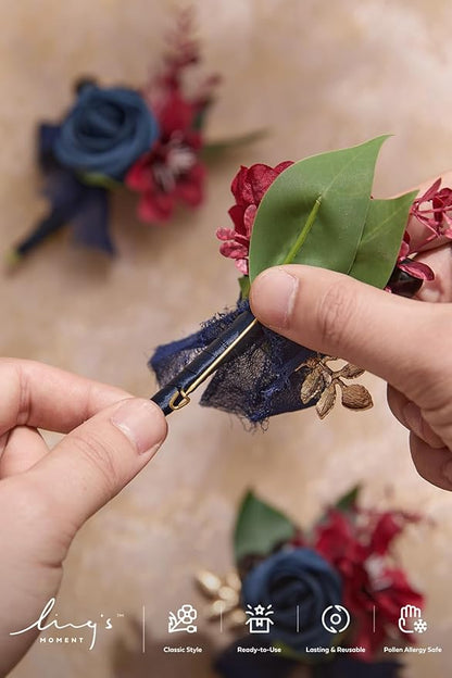Ling's moment Boutonniere for Men, 6pcs Groom Groomsmen Boutonniere, Artificial Flowers for Wedding Decor/Prom/Homecoming, etc.Navy Blue Burgundy