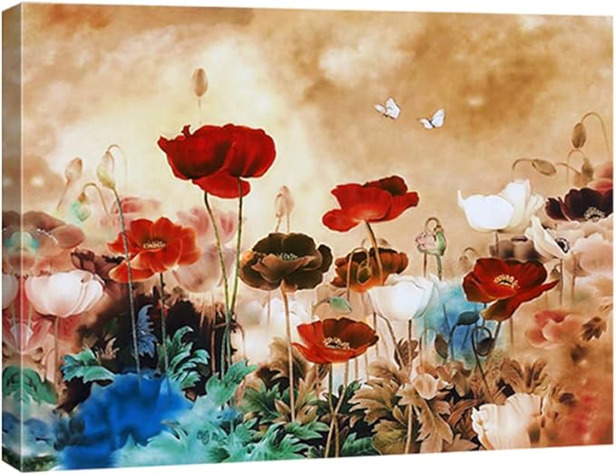 Wieco Art Giclee Canvas Prints Wall Art Blooming Poppies Modern Gallery Wrapped Grace Contemporary Flowers Artwork Colorful Floral Pictures Paintings Ready to Hang for Bathroom Home Decorations