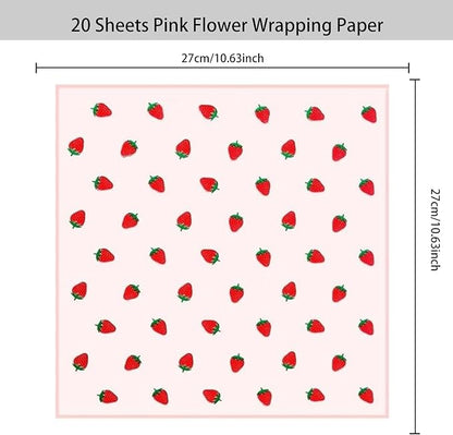 HLTOO 20 Sheets Flower Wrapping Paper, Bouquet Floral Packaging Paper with Strawberry Pattern, for Wedding, Party, Mother's Day, Birthday, and DIY Craft Florist Supplies, Pink, 57CM/22.4Inch