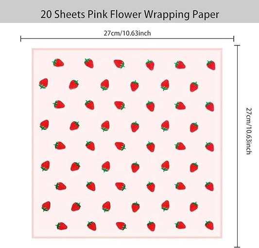 HLTOO 20 Sheets Flower Wrapping Paper, Bouquet Floral Packaging Paper with Strawberry Pattern, for Wedding, Party, Mother's Day, Birthday, and DIY Craft Florist Supplies, Pink, 57CM/22.4Inch
