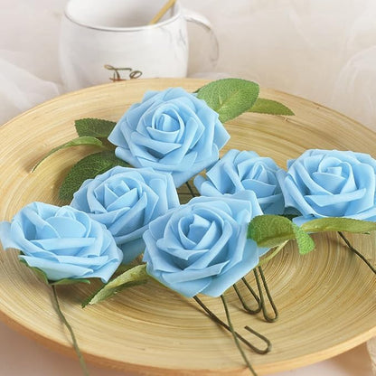homEdge Artificial Rose, 25pcs Foam Artificial Flowers with Stem for Home Decorations, Wedding Bouquets, Party, Certerpieces, Anniversaries-Aqua Blue