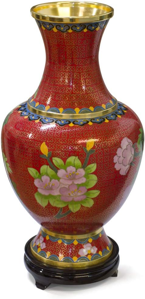 China Furniture Online Red Floral Motif Oriental Cloisonne Vase with Stand