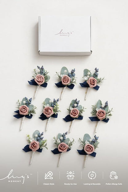 Ling's Moment Boutonniere for Men, 10pcs Groomsmen Guest Boutonniere, Artificial Flowers for Wedding Décor/Prom/Homecoming,etc.Dusty Rose Navy Blue