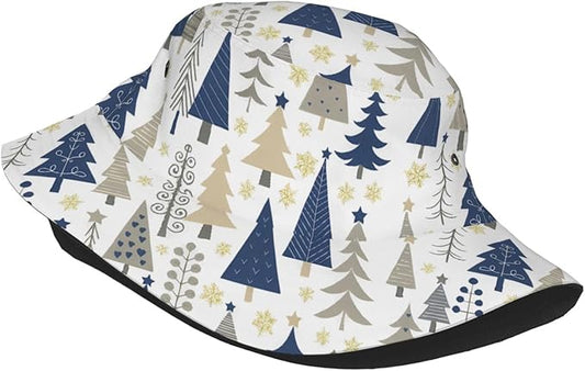 Christmas Navy Blue Tree Bucket Hat Novelty Sun Hats Trendy Fisherman Cap for Men and Women