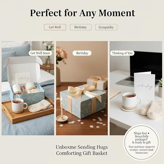 Unboxme Sending Hugs Get Well Soon Gift Basket & Care Package for Women - Self Care Gift Box with Fuzzy Socks, Ceramic Mug, Chai Tea, Honey