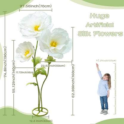 3Pcs Artificial Paper Flower Decoration, Large Fake Flowers with Standing Stems and Base, 3D Lifelike Giant Flower Home Decor, Wedding Background Decorate, Photography Props, Banquet (White)
