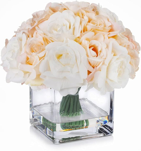 ENOVA FLORAL 18 Pieces Rose Artificial Flowers in Vase, Fake Flowers in Vase with Faux Water for Wedding, Dining Table(Cream Beige)