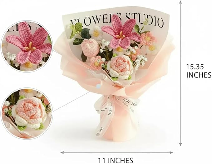 Crochet Flower Bouquet Pink Knitted Flowers, Crochet Tulip Galsang Flower for Lover Anniversary Birthday Party Mother's Day Graduation Gifts