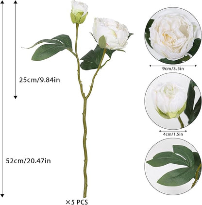 IPOPU Silk White Flowers Artificial Peonies 5PCS 10heads Vintage Fake Peonies Silk Peonies with Stems Real Look for Spring Decorations Floral Arrangements Home Table Centerpiece (White)