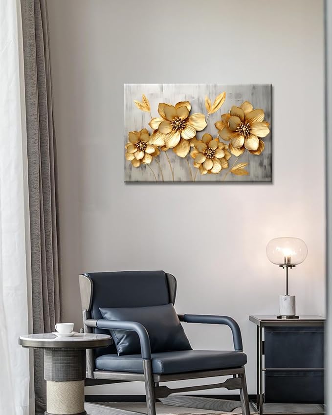 GLOKAKA Gold Metallic Flowers Print Wall Art Elegant Floral Flower Canvas on Grey Background Painting Picture Artwork for Living Room Bedroom Bathroom Decor (Gold Metallic Flowers, 18"x12")
